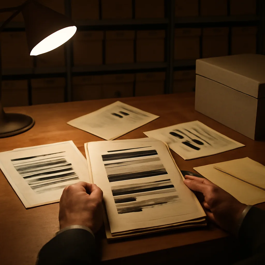 Stack of opened and redacted FBI file folders on a table beneath a reading lamp, with typed memos and handwritten notes visible; no identifiable faces.