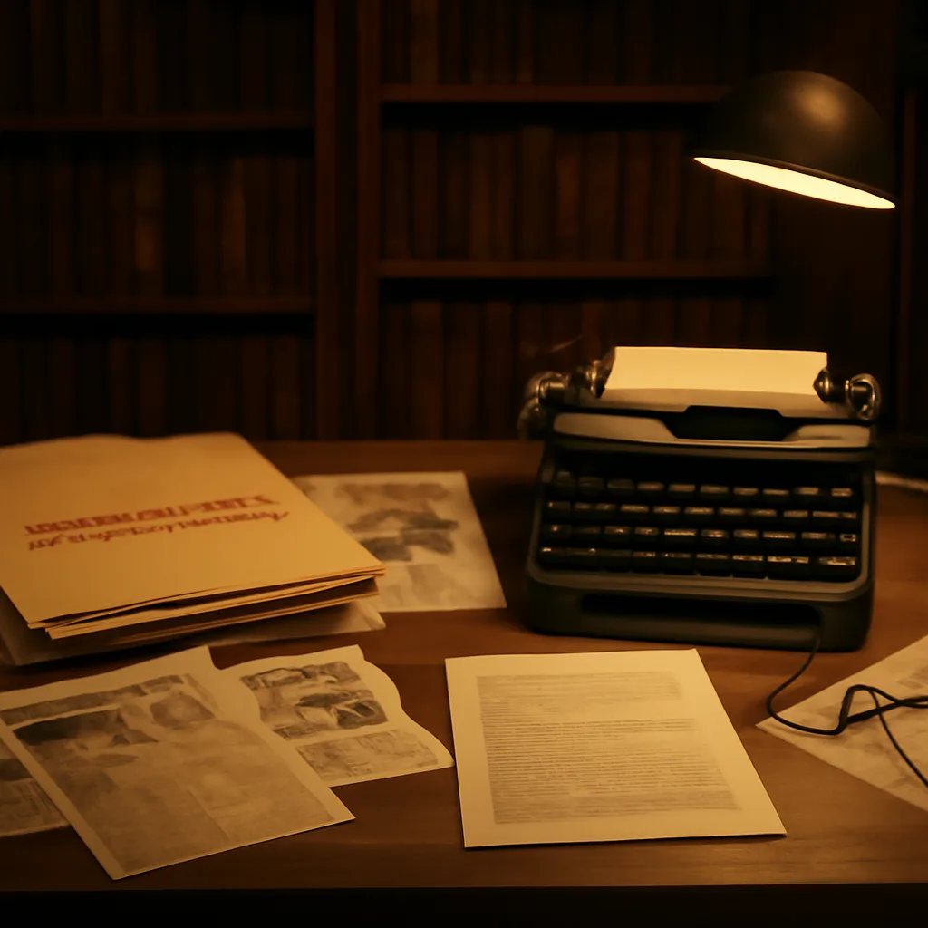 A stack of declassified government files and typed correspondence on a wooden desk with a vintage typewriter and a 1960s-era press clipping visible, evoking archival records from the mid-20th century.