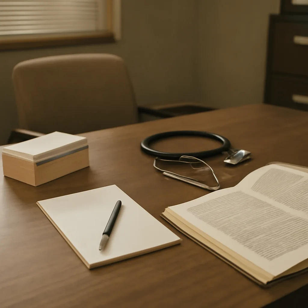 A folded copy of late-1980s pharmaceutical packaging and a prescription pad on a clinic desk, with a stethoscope and medical journal nearby, suggesting clinical adoption of a new antidepressant.