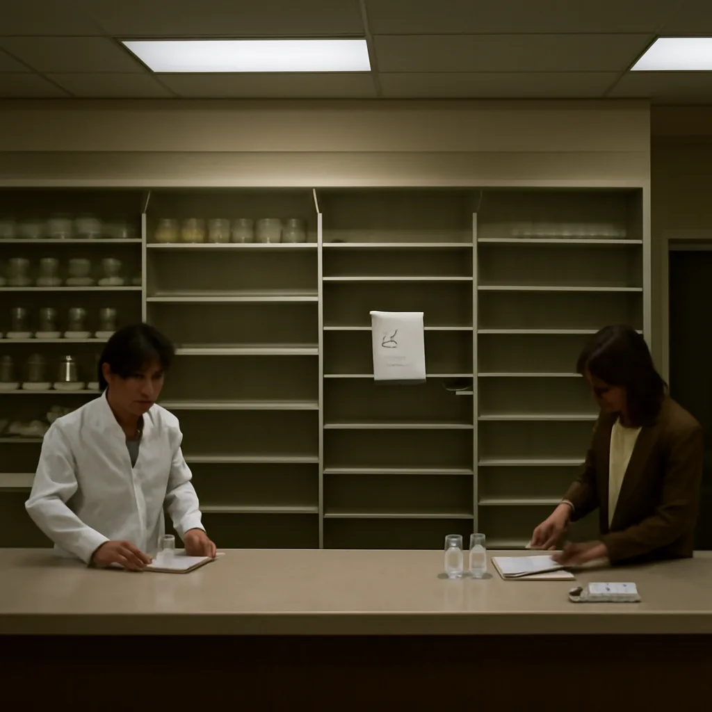 A pharmacy shelf cleared of a prescription drug with an official FDA recall notice taped nearby, packages and informational leaflets visible.