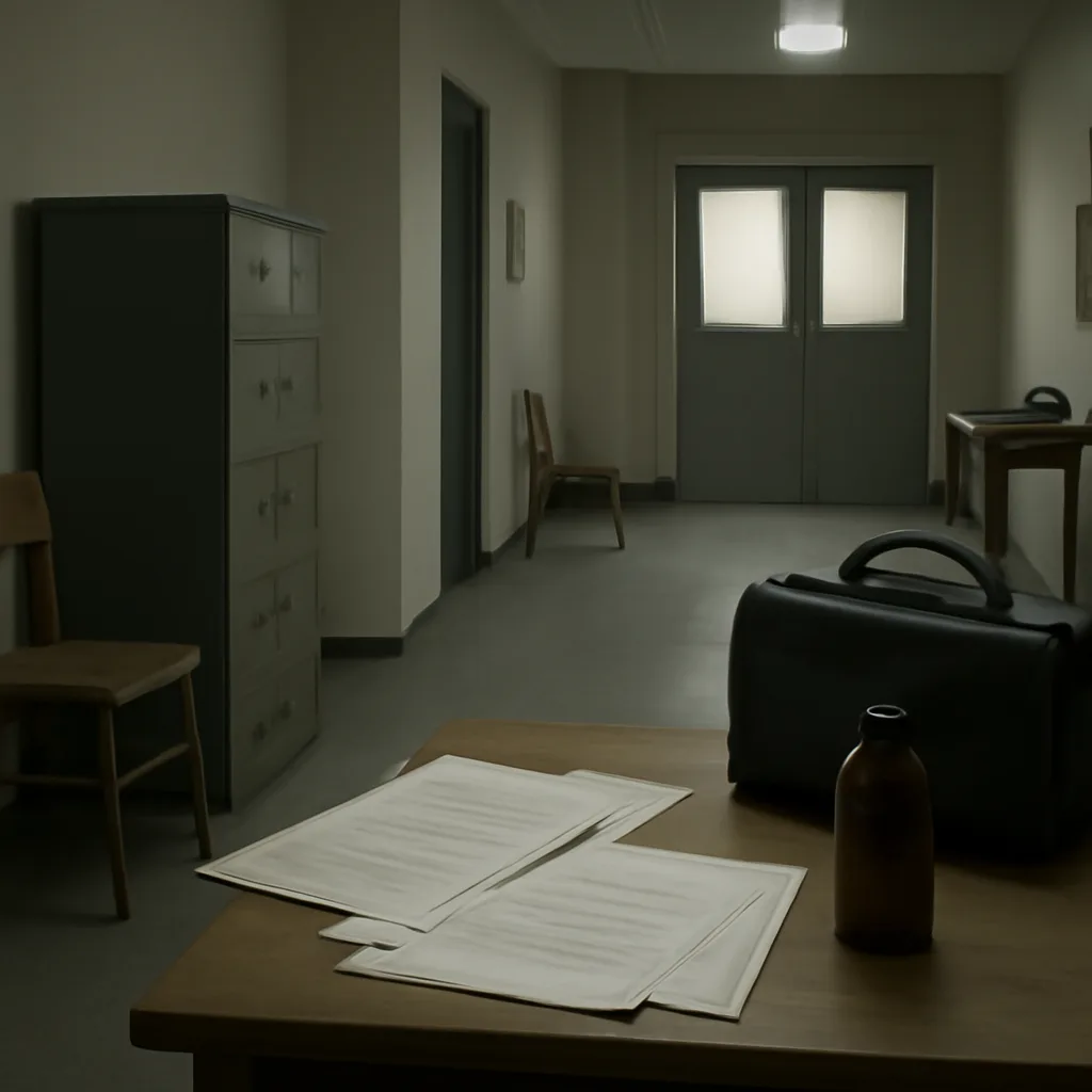 Early 1960s hospital or clinic corridor with a scattering of medical files and a vintage drug bottle labeled generically; absent patients, suggesting regulatory and medical concern.