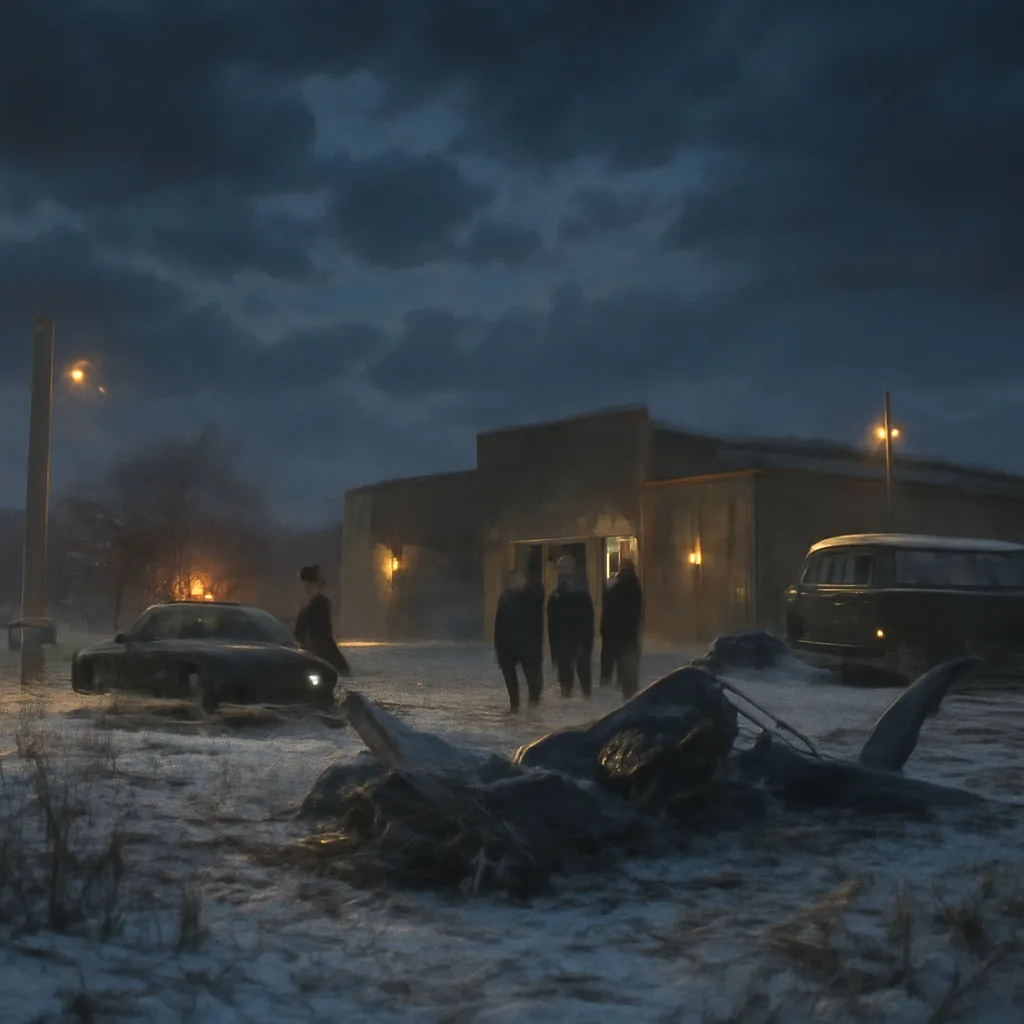 Snow-covered rural Iowa field at night with a small aircraft wreckage area cordoned off; distant low-profile ballroom building and a parked tour bus visible under period 1950s lighting.