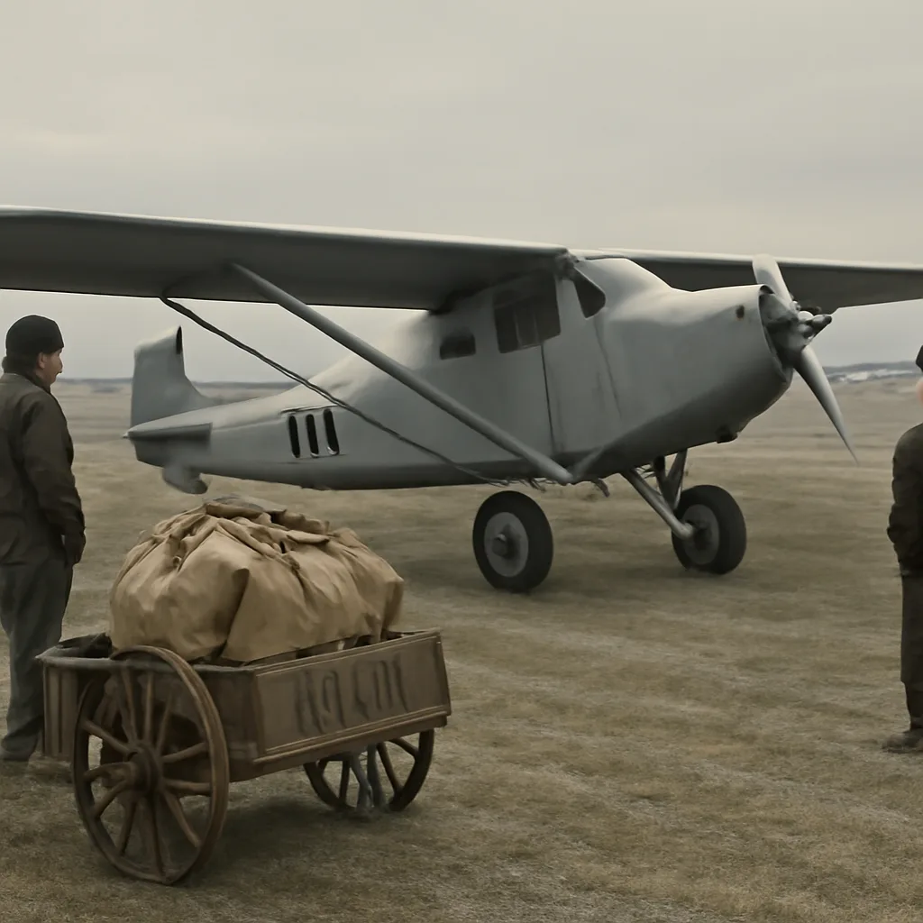 A 1930s single-engine mail airplane on a grass airfield with uniformed ground crew and a low, overcast sky, representing early commercial/mail aviation in the interwar United States.