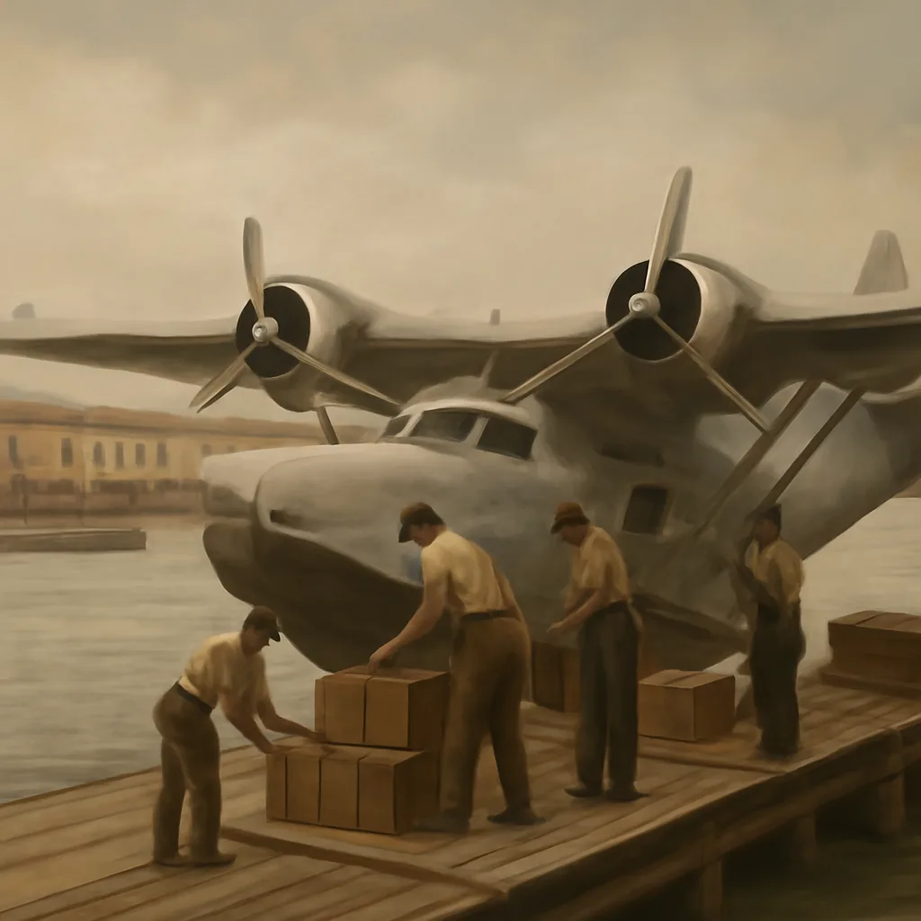 A 1930s Pan American amphibious mail plane on water beside a wooden dock in the Caribbean, with crew and small cargo crates on deck; moored near low-rise colonial buildings under a cloudy sky.
