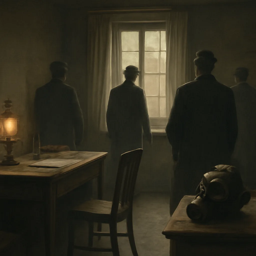 Early 20th-century street or interior scene showing officials and gas masks or gas-related equipment typical of World War I-era concerns, with no identifiable faces.
