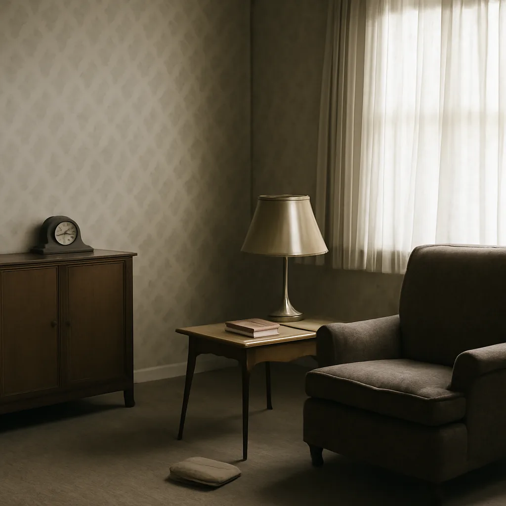 Mid-20th-century suburban interior showing a modest living room with overturned objects and a household ledger on a table, suggesting a scene of disturbance; no identifiable people.