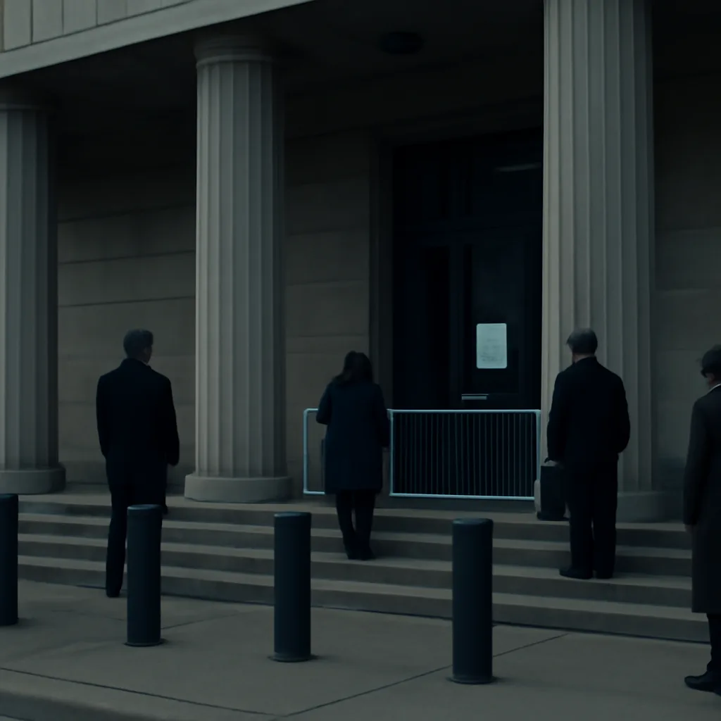 Closed barriers and a darkened federal office building entrance with a posted notice about operations suspended during a government shutdown.