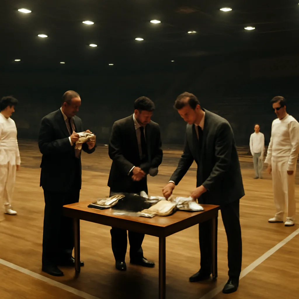 1976 Olympic fencing piste in an indoor arena with officials inspecting fencing equipment and competitors standing nearby, 1970s athletic attire and styling visible.