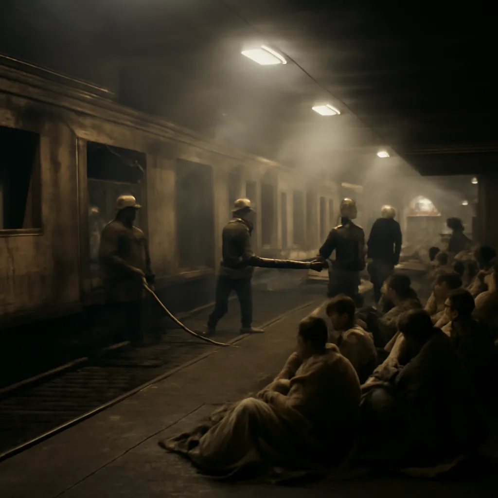 Smoke-filled Mexico City Metro station platform at night with emergency responders and evacuated passengers; damaged train cars and debris on the tracks.
