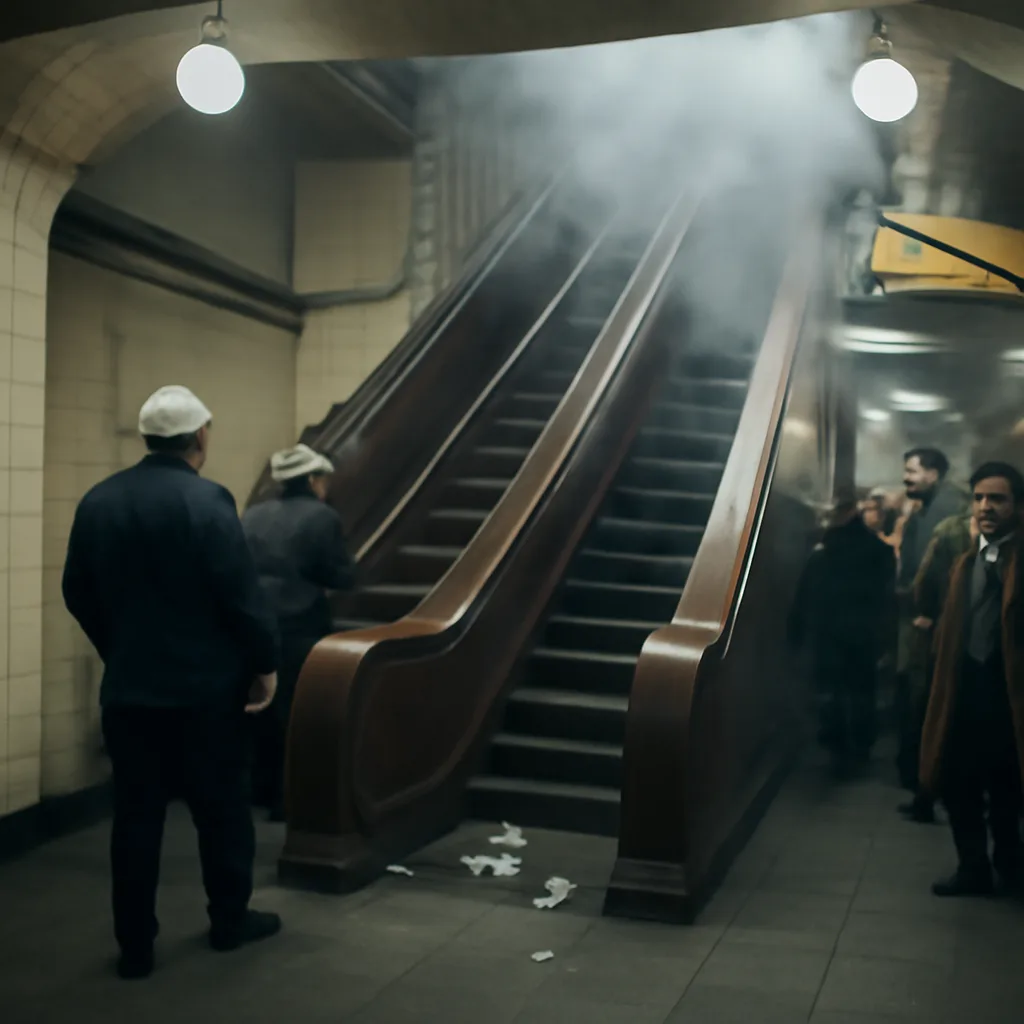 Historic view of King’s Cross Underground ticket hall area and an adjacent wooden escalator in the 1980s, showing period signage and station architecture; crowding and emergency activity are implied but no identifiable faces.