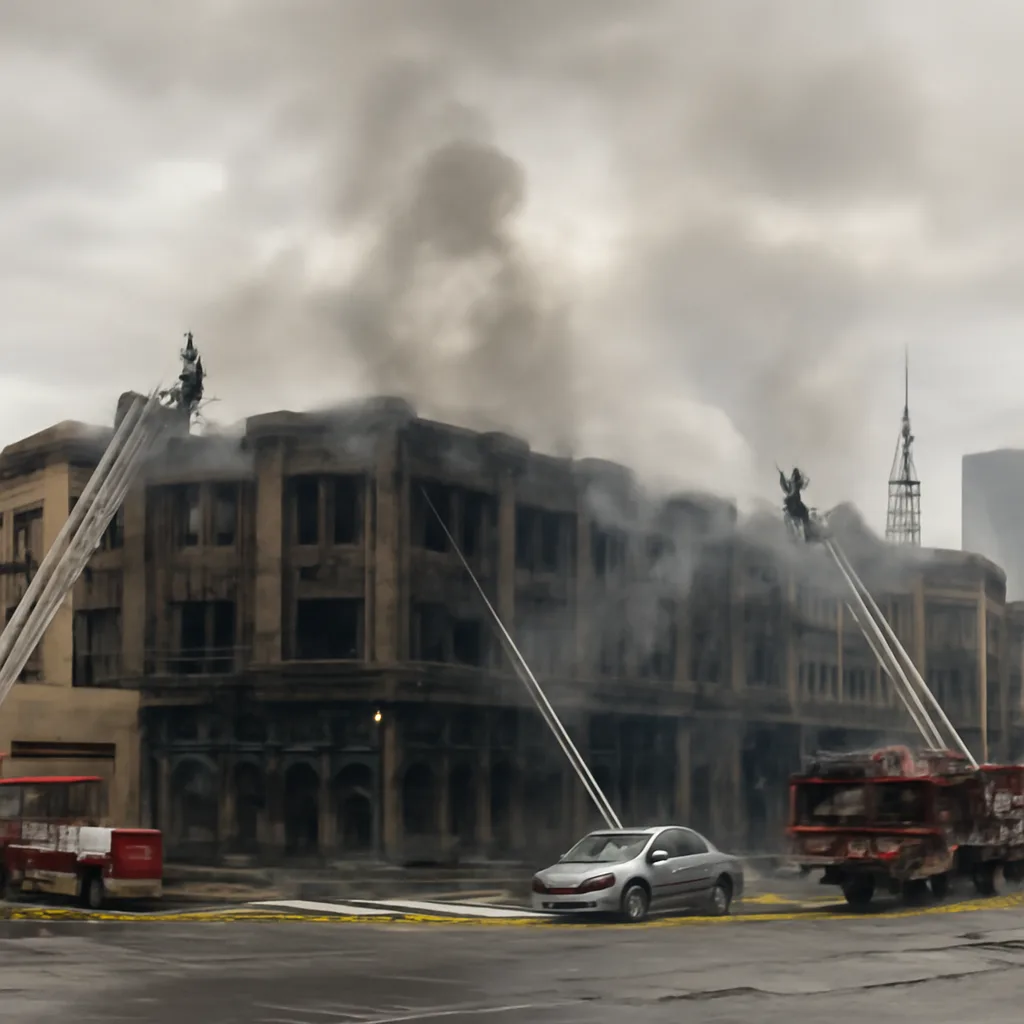 Smoke rising from multiple damaged buildings in downtown Toronto, firefighters operating hoses and aerial units, nearby streets closed with emergency vehicles.