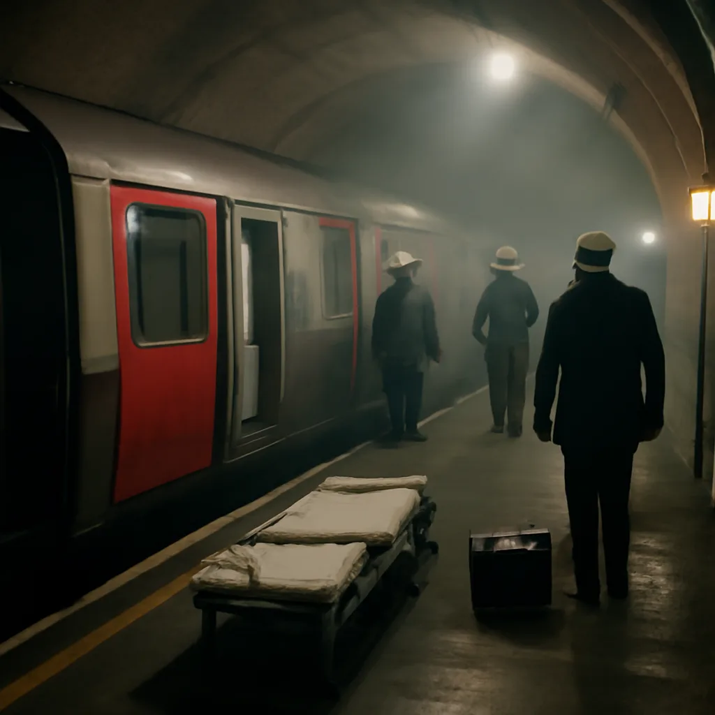 Underground railway tunnel with emergency workers and smoke damage; stretcher and equipment on platform, emergency lighting and debris visible.