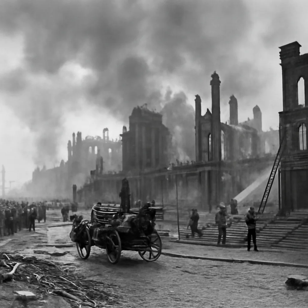 Early 20th-century downtown Toronto streetscape with damaged commercial buildings, smoke and rubble after a large fire; horse-drawn equipment and firefighters visible, crowds observing from a distance.
