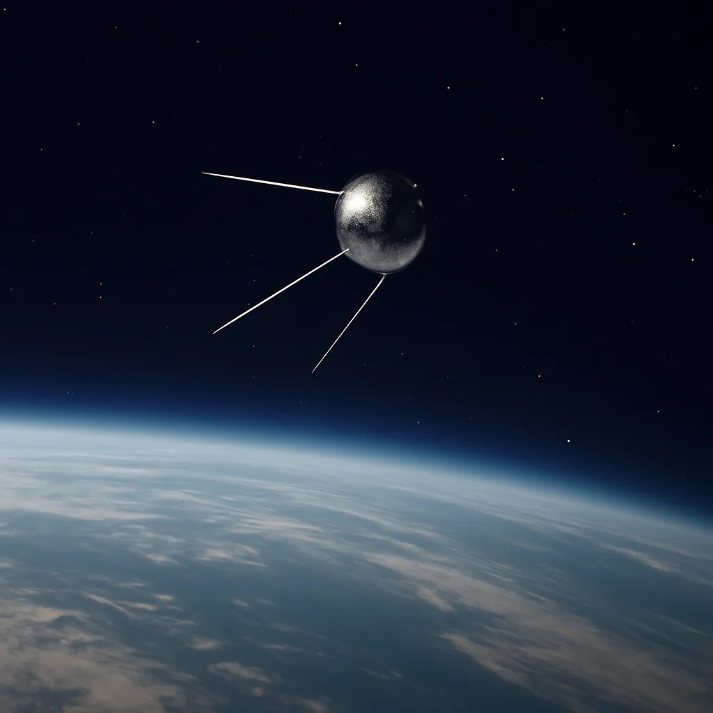 A small 1950s-era spherical satellite with long wire antennae orbiting above a stylized view of Earth, with a dark high-altitude sky and no identifiable people.