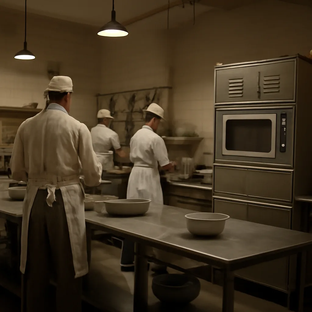 A large, freestanding 1940s-era Radarange commercial microwave oven unit in a restaurant or institutional kitchen setting, showing its tall, boxy metal cabinet and control panel.