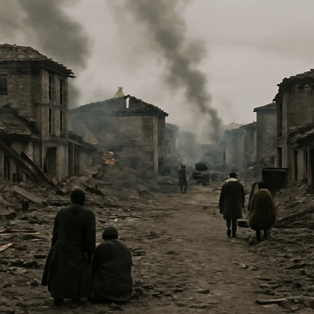 Aerial view of a bombed, smoldering small Spanish town with collapsed timber buildings and smoke rising, circa 1937.