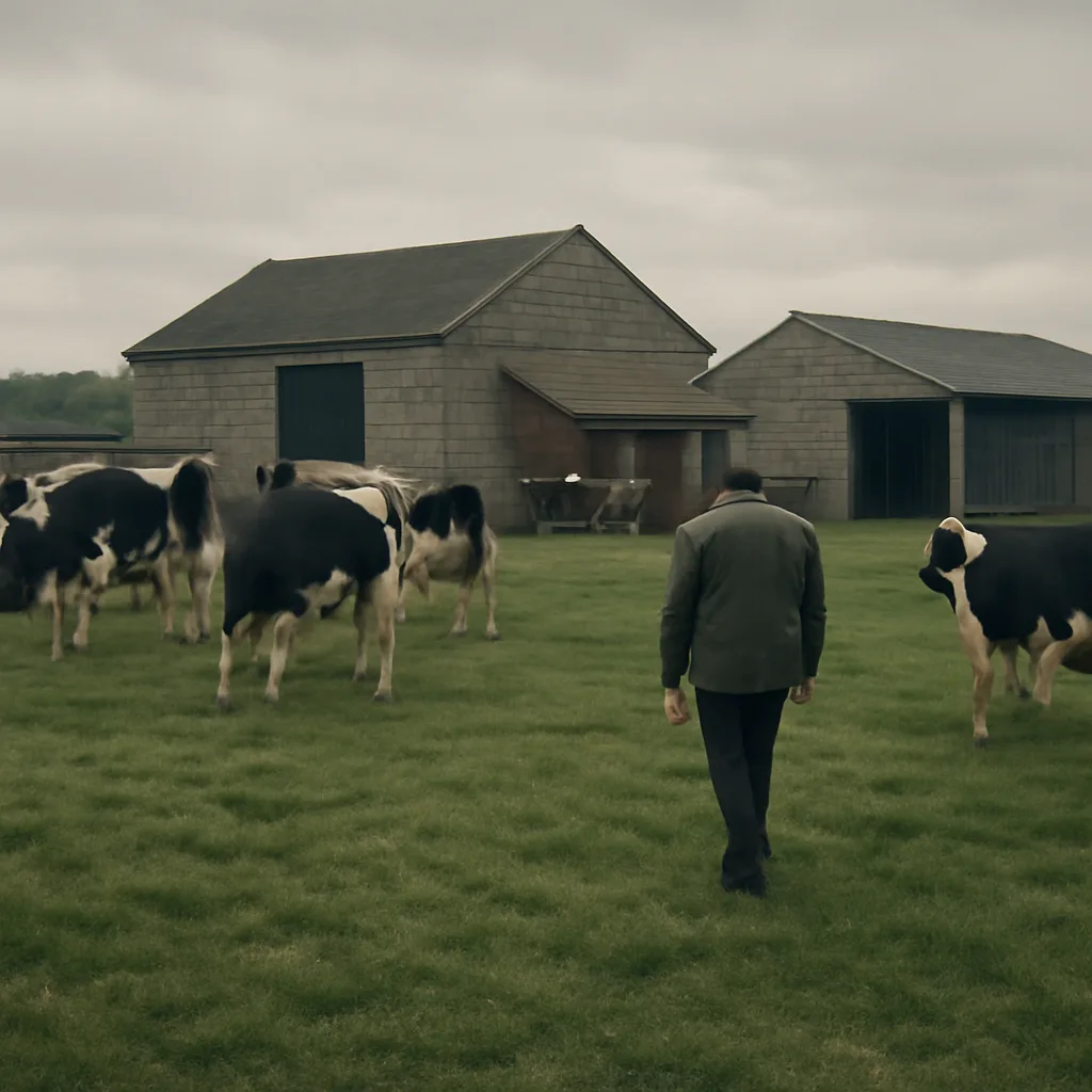 Rural 1980s British farmyard with dairy cattle in a field and an agricultural worker in period-appropriate workwear; buildings and feed storage in the background, overcast sky.