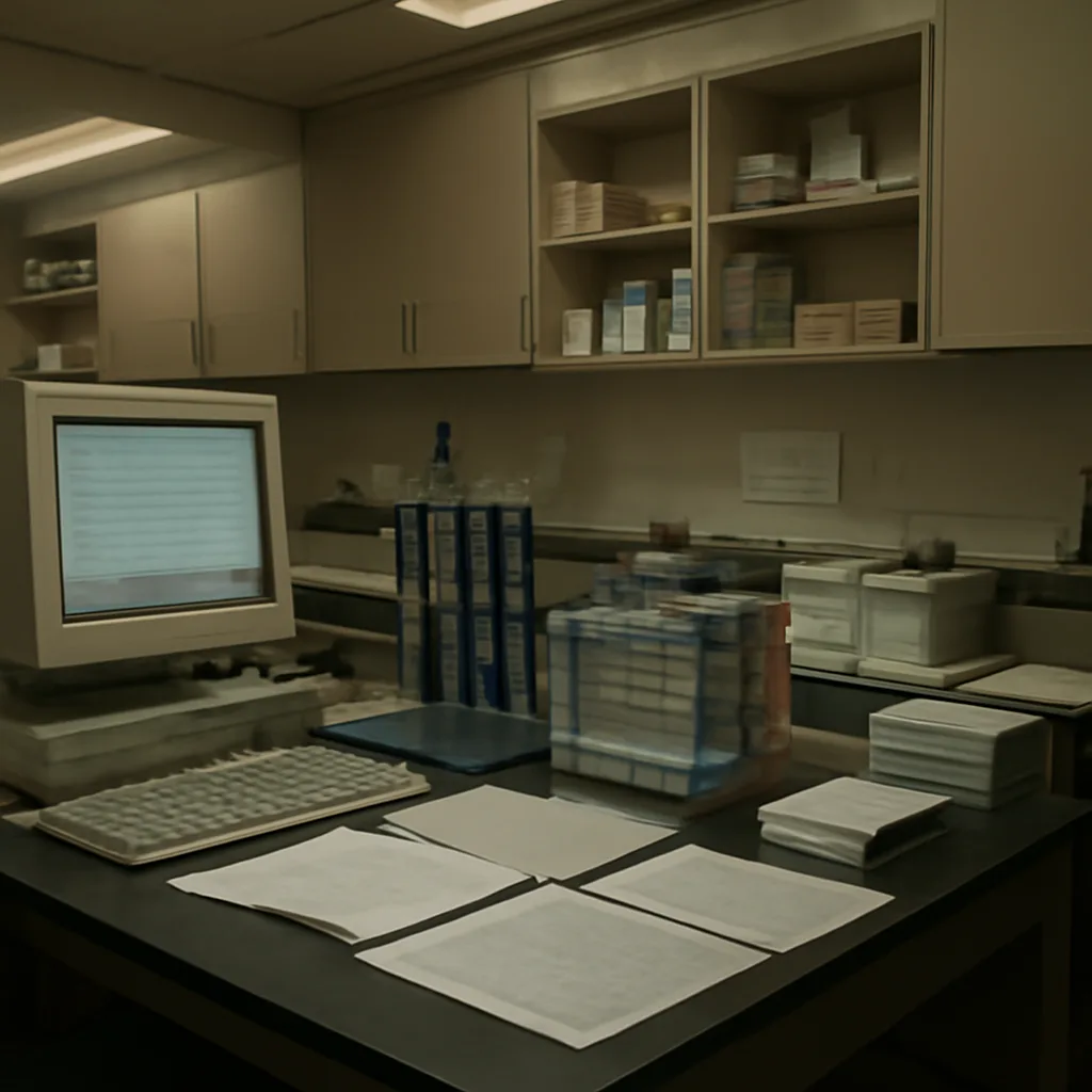 Laboratory bench with sequencing equipment, gel electrophoresis apparatus, and stacks of scientific papers, representing investigation into genetic sequence data in early 2000s research.