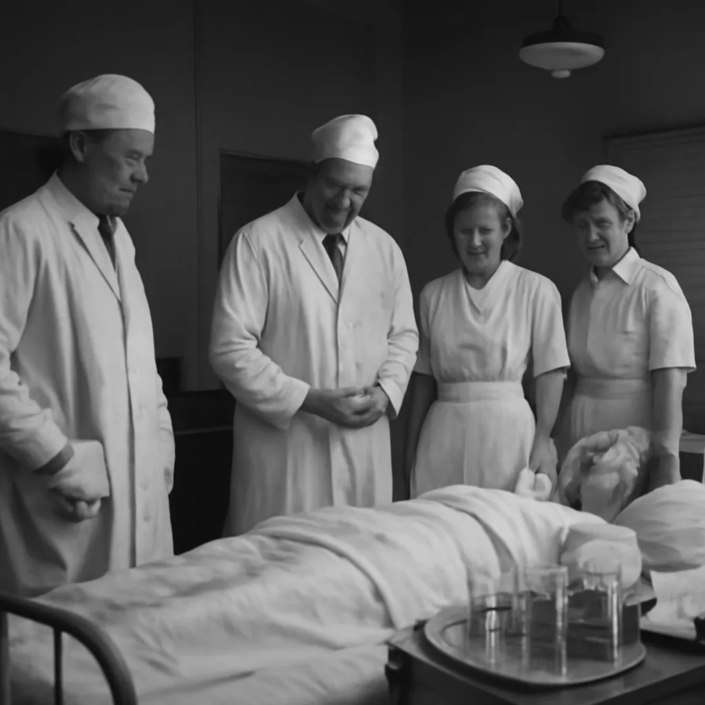 1940s hospital ward with doctors and nurses around a patient on a bed, medical equipment and glass vials on a nearby table, period clothing and furnishings suggesting wartime era research.