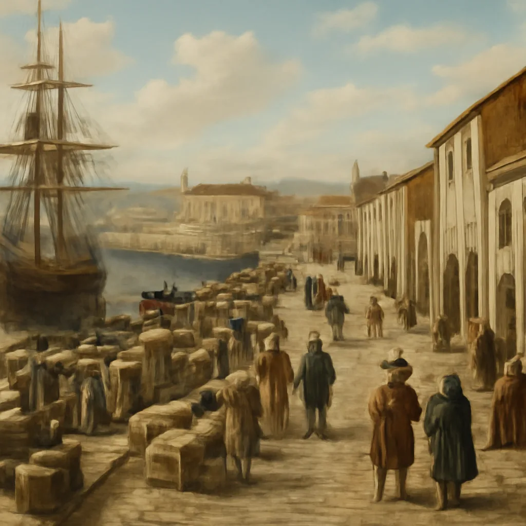 Early 18th-century Marseille harbor with ships, crowded warehouses, and workers; barricaded streets and a distant lazaret (quarantine hospital) visible, conveying a port city under epidemic strain.