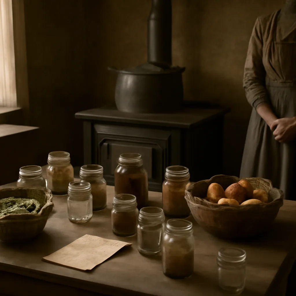 Early 20th-century kitchen with glass canning jars on a wooden table and a lidded preserving kettle, evoking domestic food preservation practices around 1919.