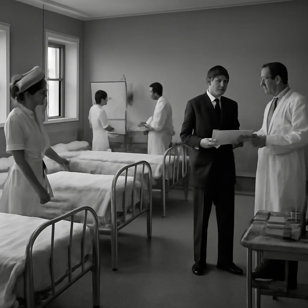 A mid-1940s hospital ward with medical staff around a bed, period uniforms and equipment visible; scene implies postwar clinical investigation without showing identifiable faces.