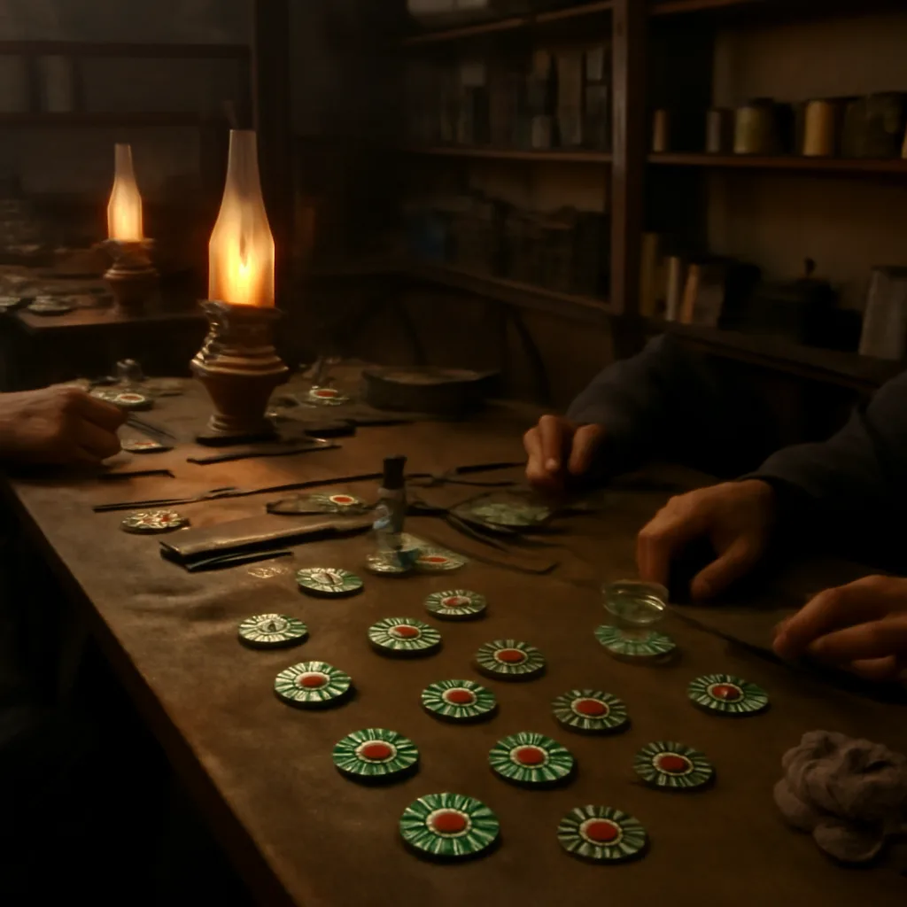 Early 1930s workshop bench with luminous watch dials, brushes, and small paint jars labeled 'radium' on a cloth-covered table; period-appropriate tools and a dimly lit factory interior.