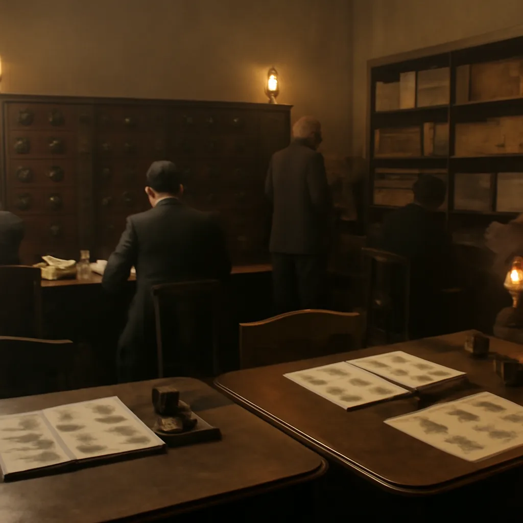Early 20th-century police office with fingerprint cards, ink pad, and filing cabinets on wooden shelves, circa 1900–1910.