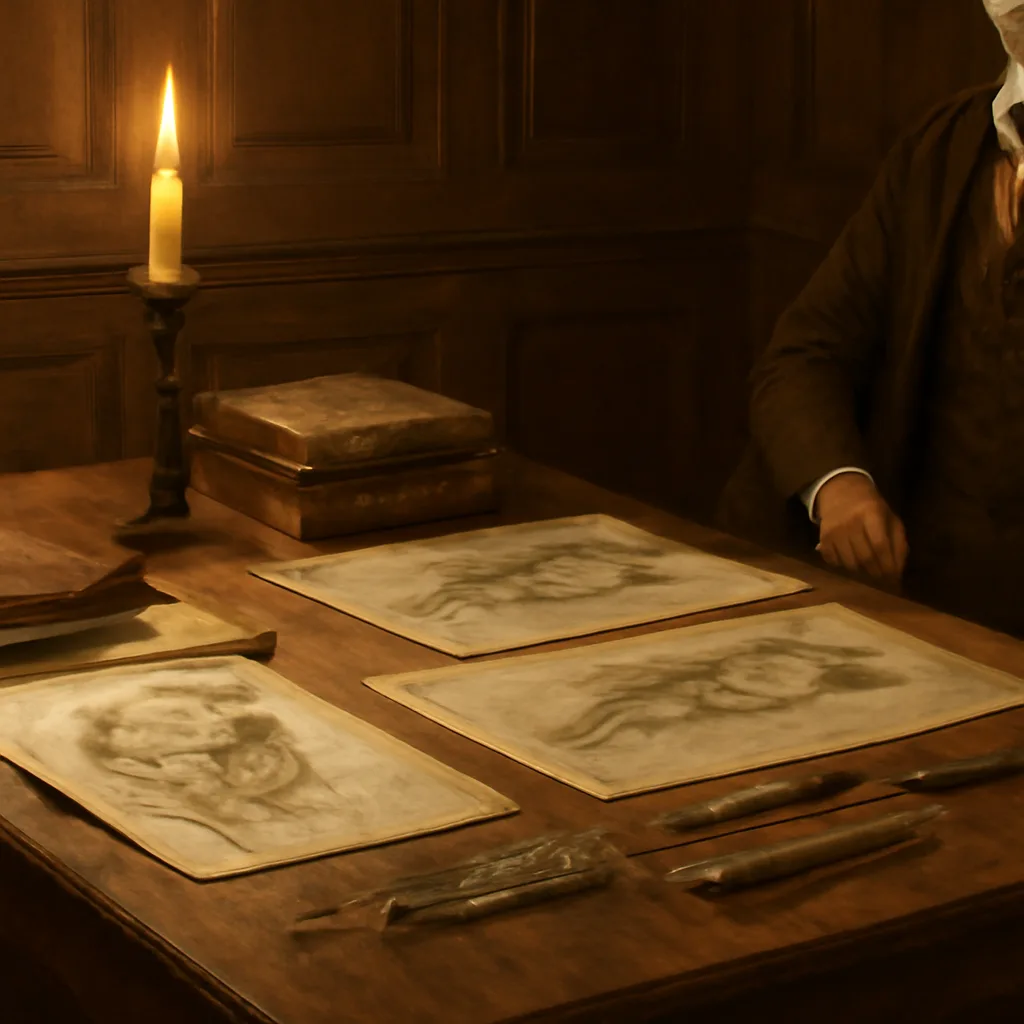 Late 18th-century medical study room with a surgeon examining anatomical drawings and instruments on a wooden table, period books stacked nearby and candles for light.