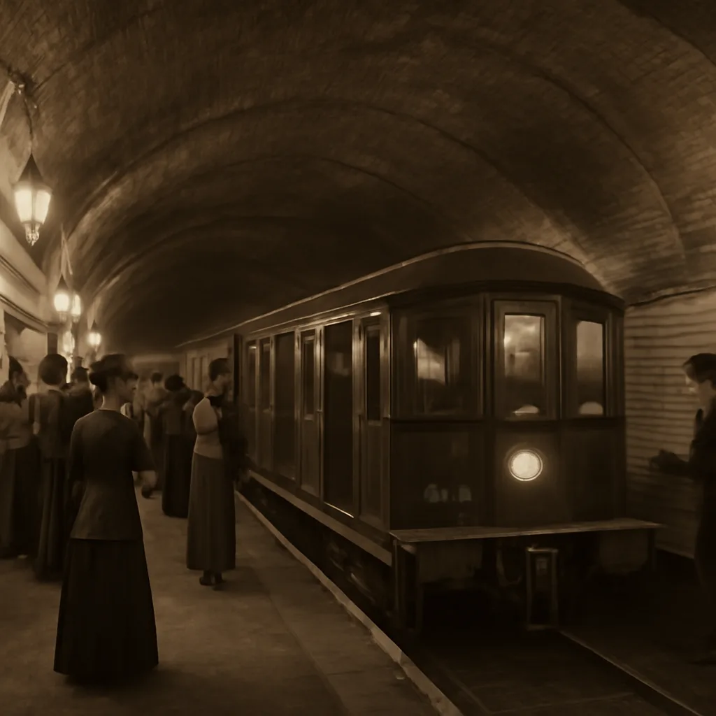 A late-Victorian deep-level underground station platform with small-profile electric train cars, gas or early electric lighting, and period passengers in turn-of-the-century dress boarding or standing on the platform.