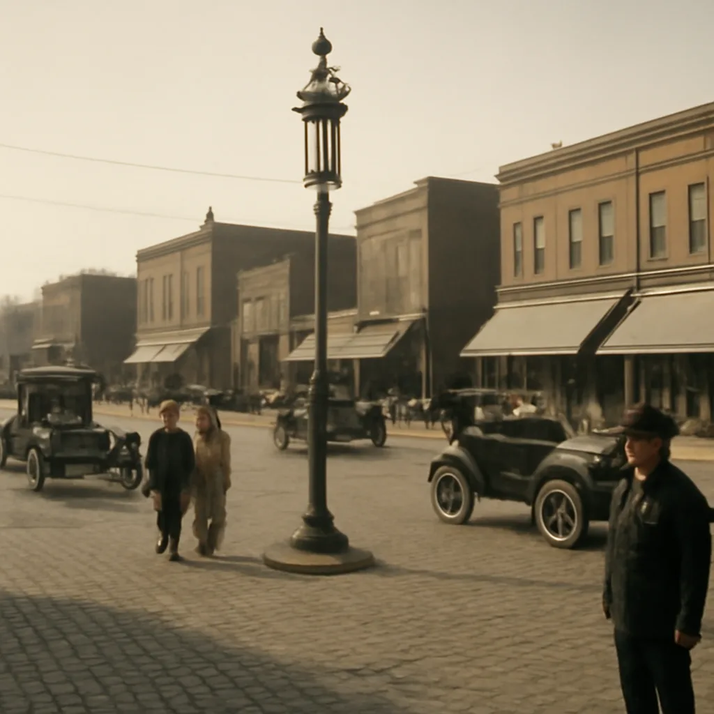Early 20th-century city intersection with an electrically lit traffic signal device mounted on a pole, period automobiles and pedestrians, and policemen observing; daytime, pre-1920 clothing and signage.