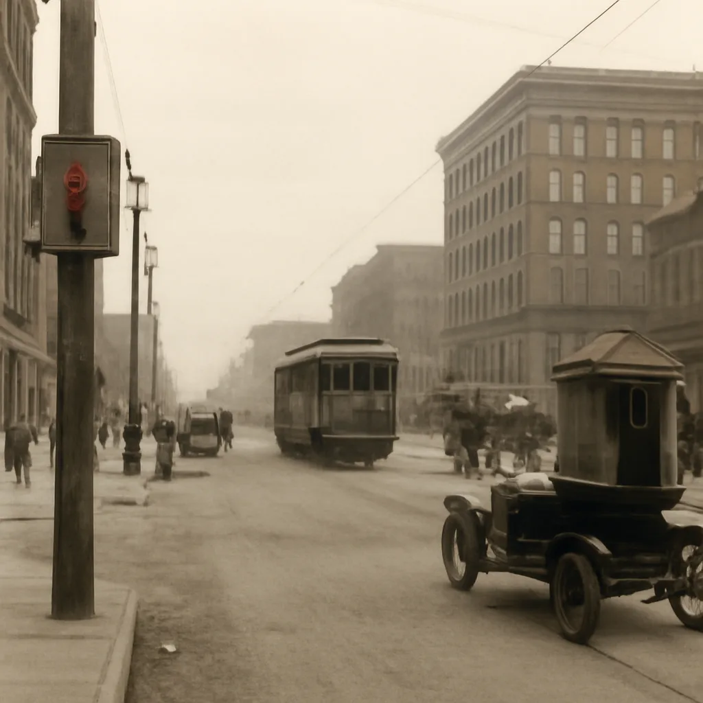 A 1914 urban street intersection in Cleveland with early automobiles, streetcars, pedestrians, and a wooden pole-mounted two-color electric traffic signal box visible near a storefront.