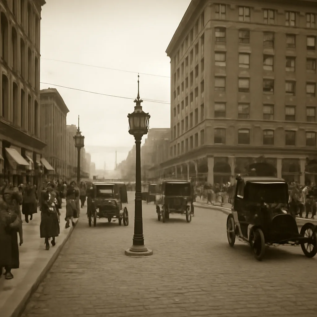 Early 20th-century urban street intersection in Cleveland with horse-drawn and motor vehicles, pedestrians on sidewalks, and a pole-mounted electric traffic signal with two lights outside the Hotel Willard.