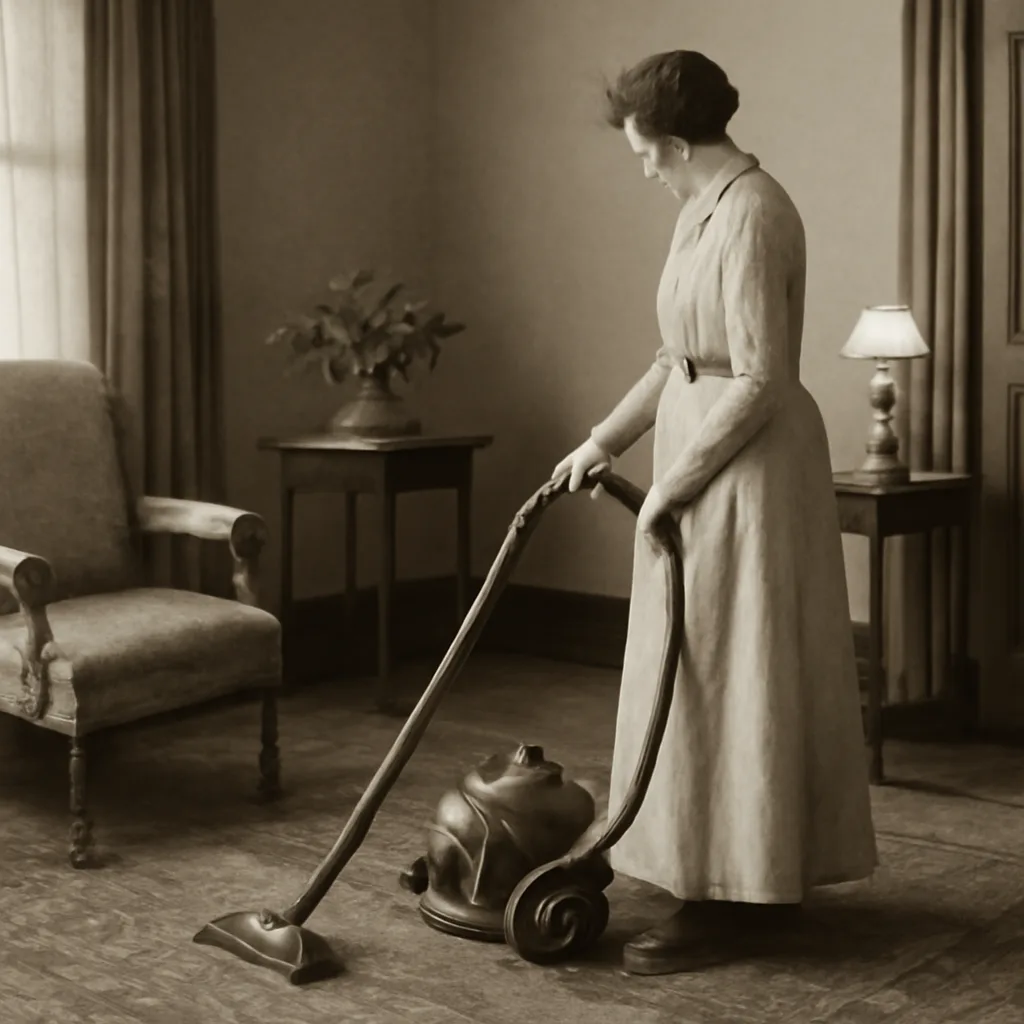 An early 20th‑century domestic interior with a floor covered by a patterned rug and a bulky, wheeled electric vacuum cleaner beside a wooden armchair and lamp; a woman in period‑appropriate dress stands nearby holding a hose.