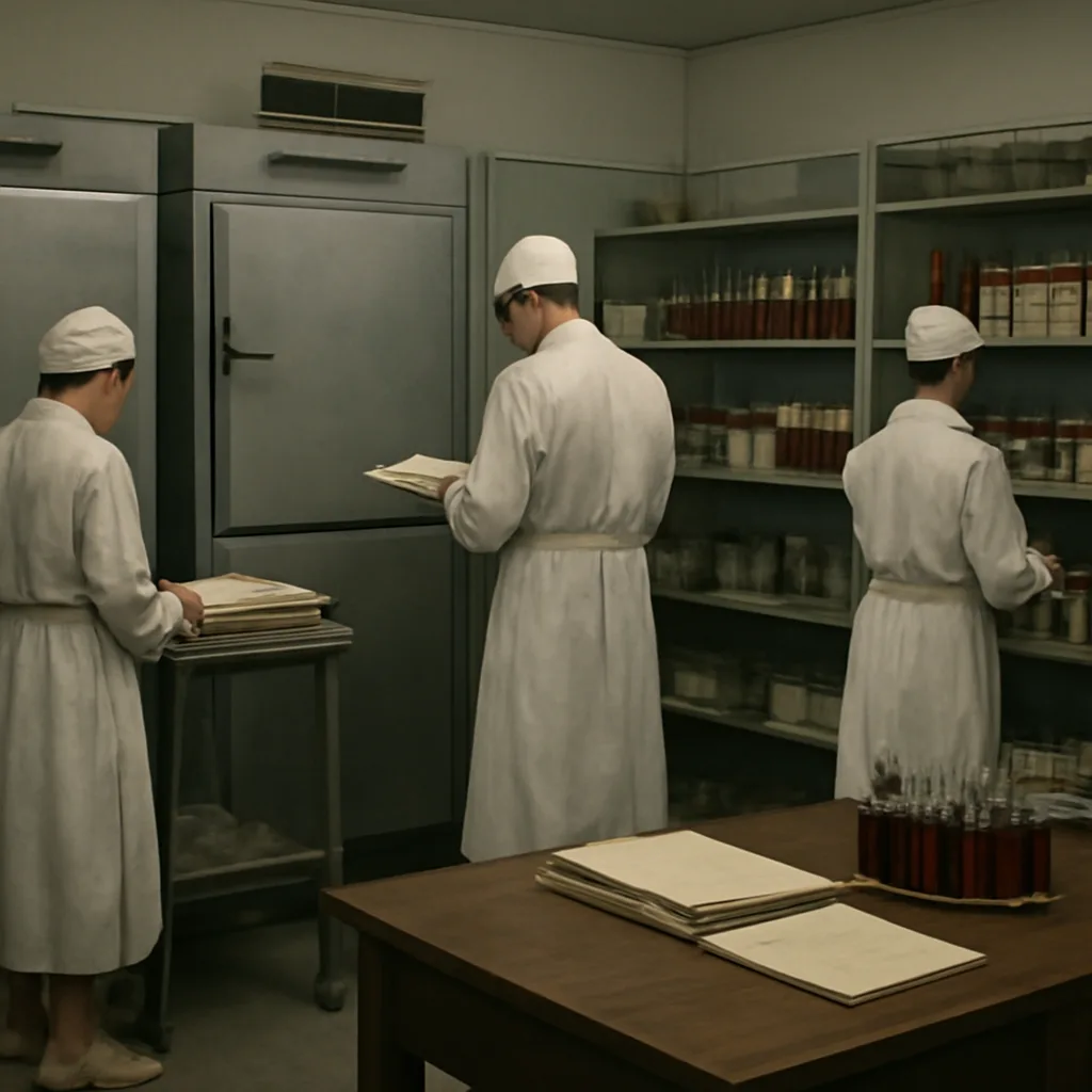 A 1930s hospital blood bank room with metal refrigeration units, glass bottles or early storage containers on shelves, a laboratory desk with paperwork and labeling, and clinicians in period medical attire working in the background.