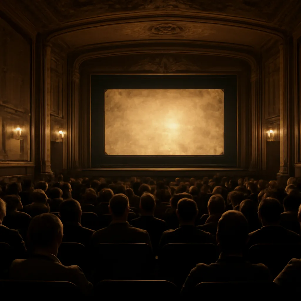 An interior view of a 1930s Los Angeles cinema auditorium with men in suits and a few women in period dresses seated, film posters on the walls, and a projection booth at the rear.