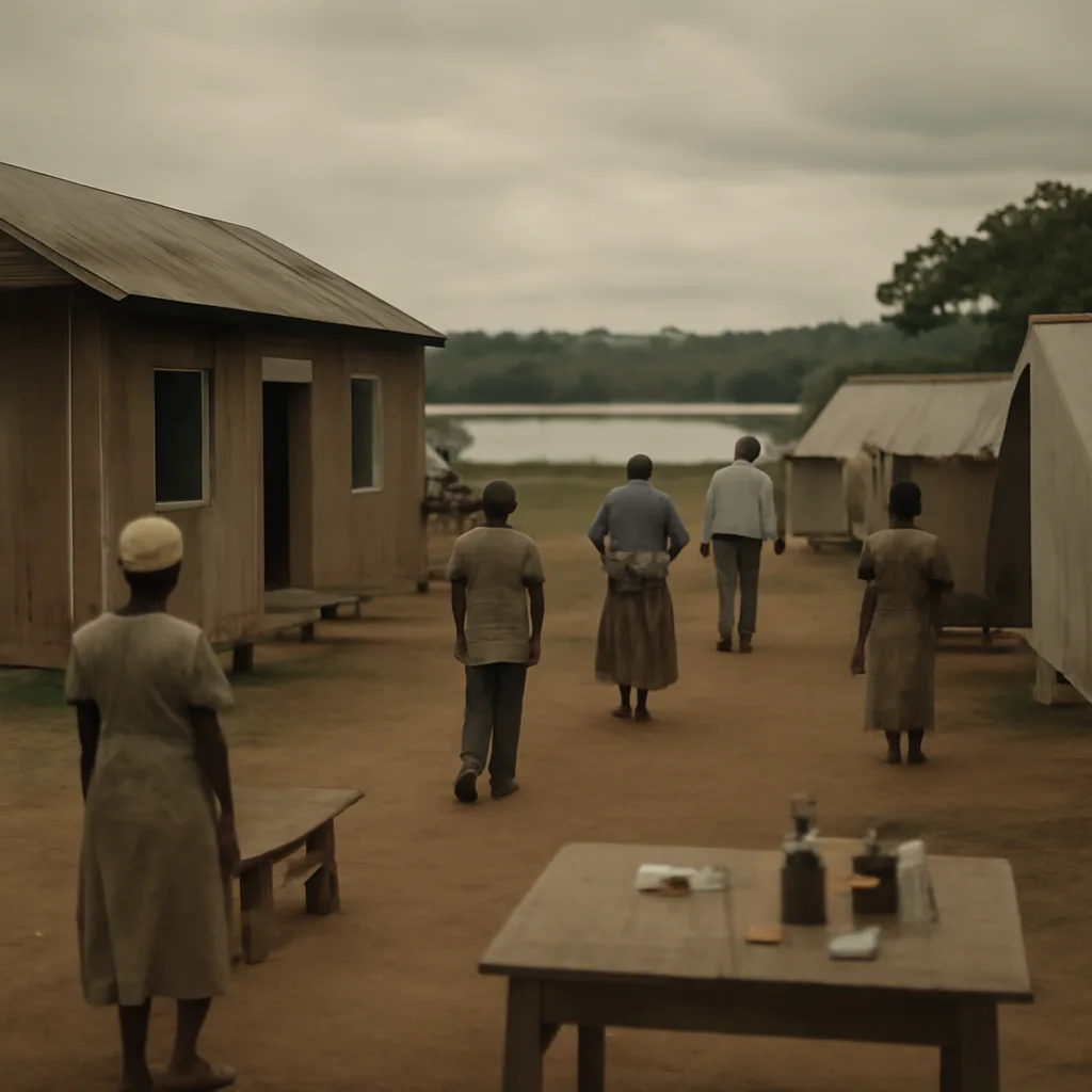 Rural 1970s Congolese mission clinic compound near a river, dirt paths, simple wooden buildings and clinic tents; no identifiable faces.