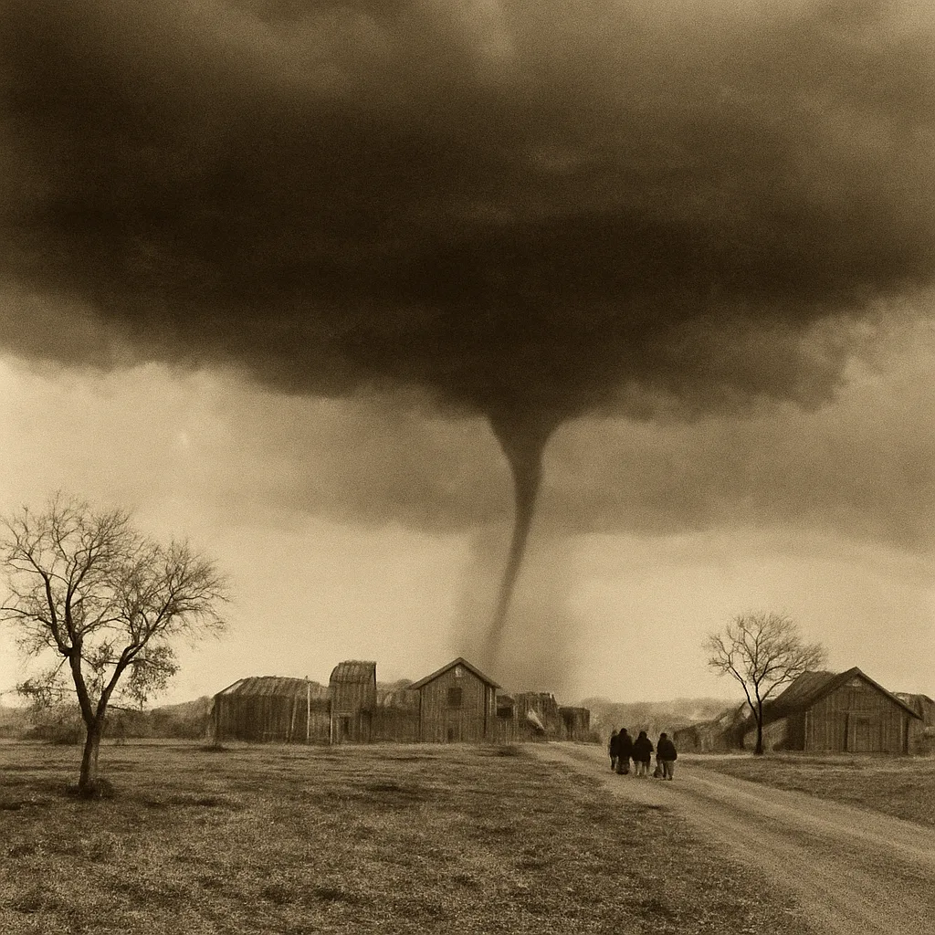 Black-and-white scene of a storm cloud with a narrow, downward-reaching funnel near a flat Midwestern landscape, with small wooden buildings and leafless trees in the foreground.
