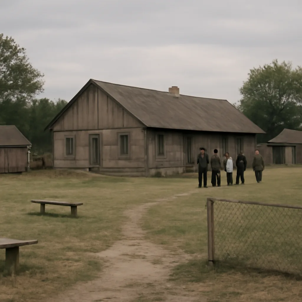 Exterior of a modest communal compound in summer, with sparse grounds and simple wooden structures; scene suggests a closed religious community under investigation.