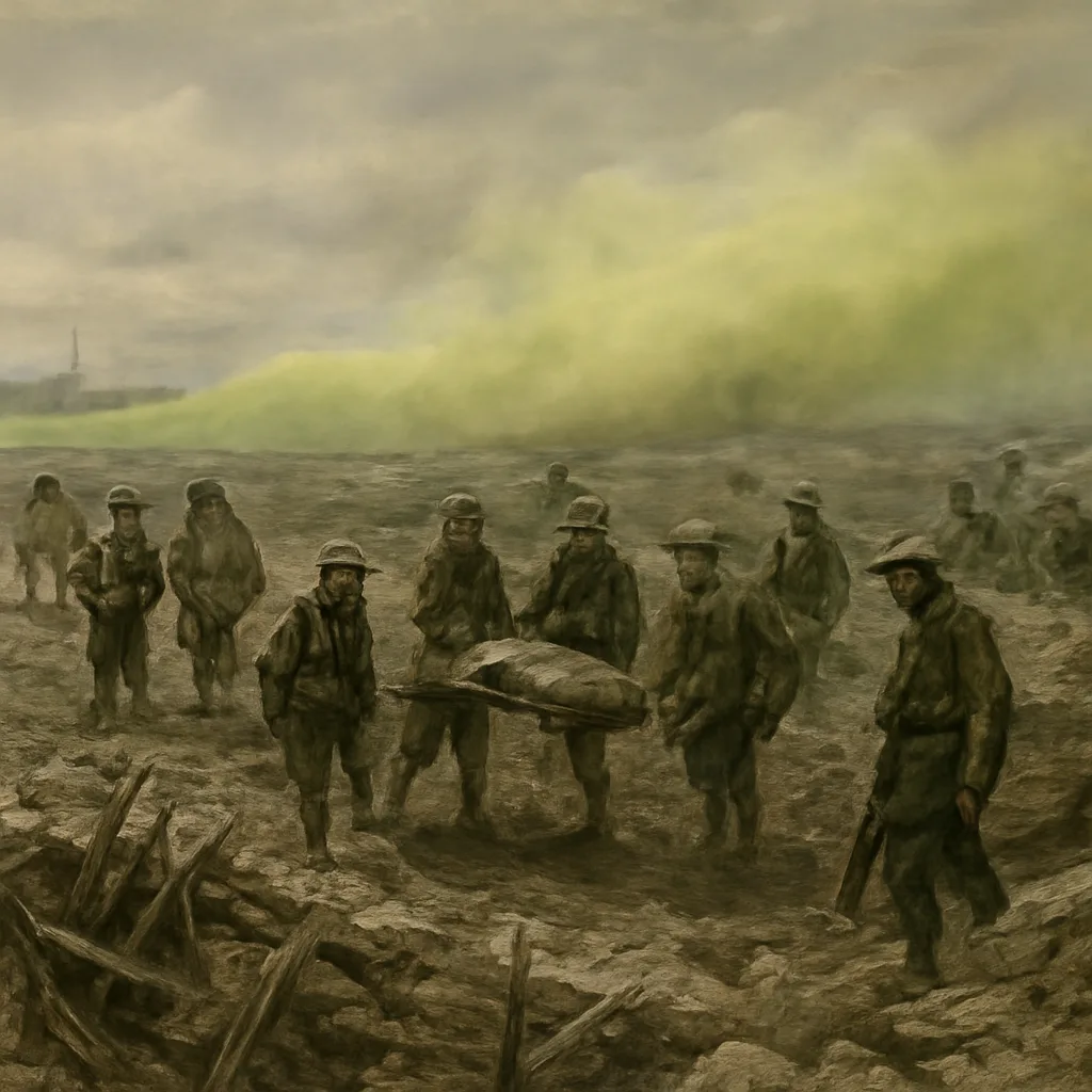 Belgian battlefield near Ypres, 1915: low, shelled landscape with trenches and a faint cloud of gas drifting toward frontline positions; soldiers in early 20th-century uniforms and improvised respirators can be seen moving in the distance.