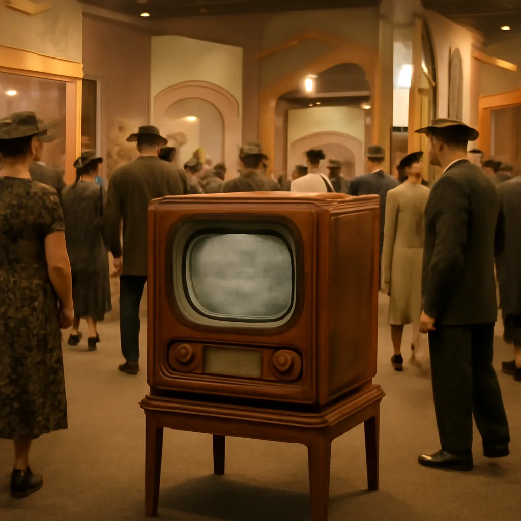 A late 1930s living room display showing a wooden cabinet cathode‑ray television receiver on a stand at a World's Fair exhibition area, with period visitors in 1930s dress nearby and exhibition signage in the background.