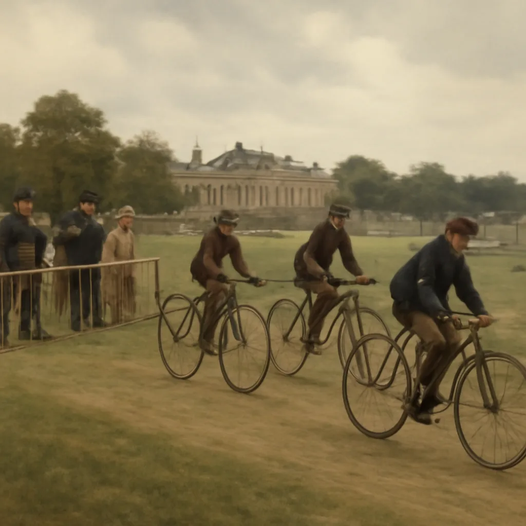 A group of 1860s pedal velocipedes and riders on a grassy open racecourse at Longchamps near Paris, with spectators in period dress in the background.
