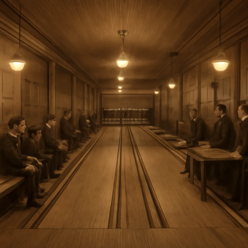 Late 19th-century indoor bowling alley with wooden lanes, pins set at the far end, bowlers and suited spectators in period clothing, gas or early electric lighting overhead.