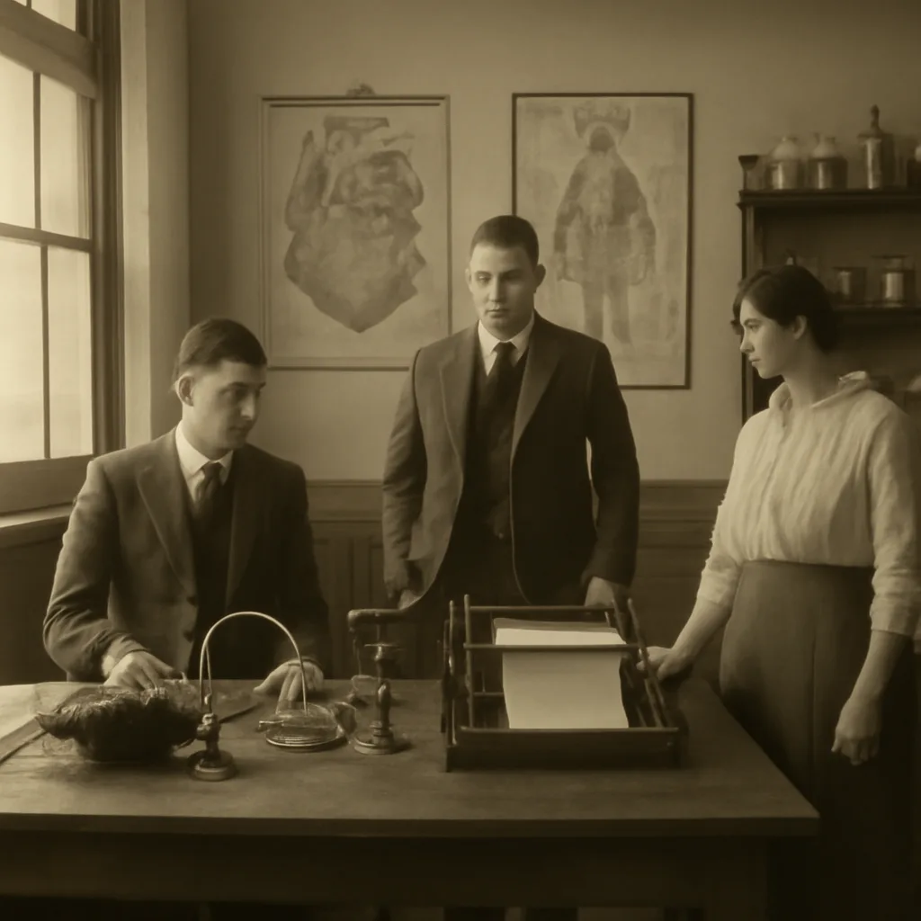 Early 20th-century laboratory room with a table holding a pneumograph and wired cardiograph, paper recording charts, and researchers in period clothing observing instrumentation.