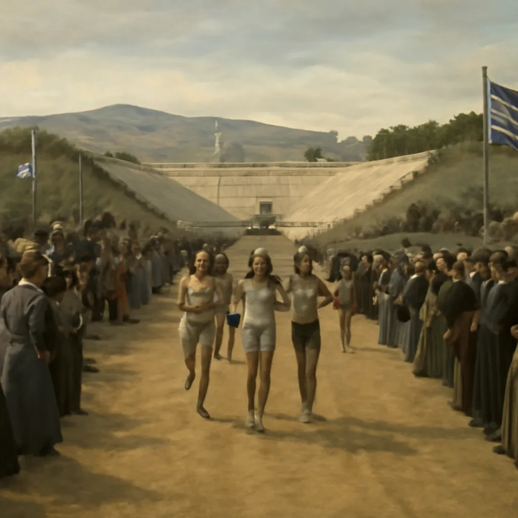 Crowd-lined country road from Marathon to Athens with runners approaching the Panathenaic Stadium; early 20th-century clothing and horse-drawn vehicles visible.