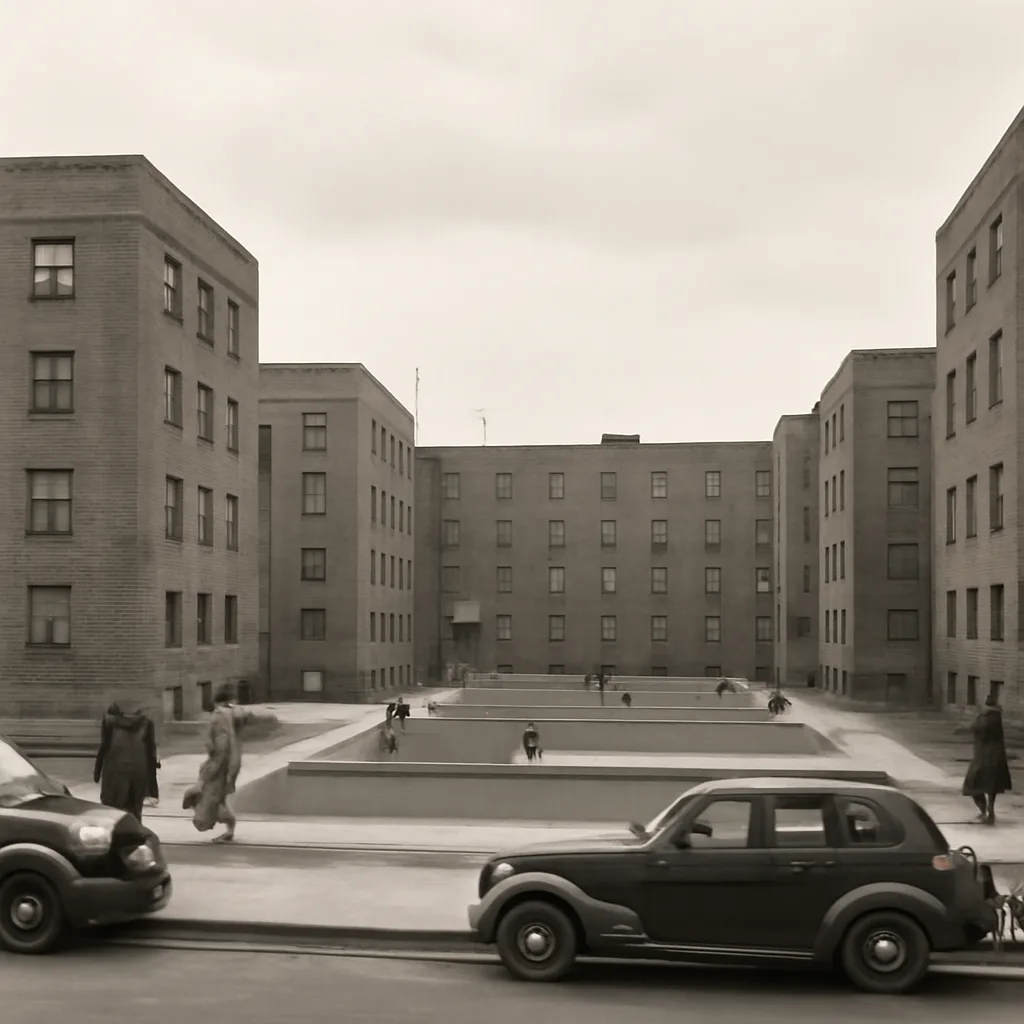 Exterior view of a 1930s-era low- to mid-rise brick public housing development with courtyard lawns and walkways, period automobiles parked on the street, and residents in 1930s clothing.
