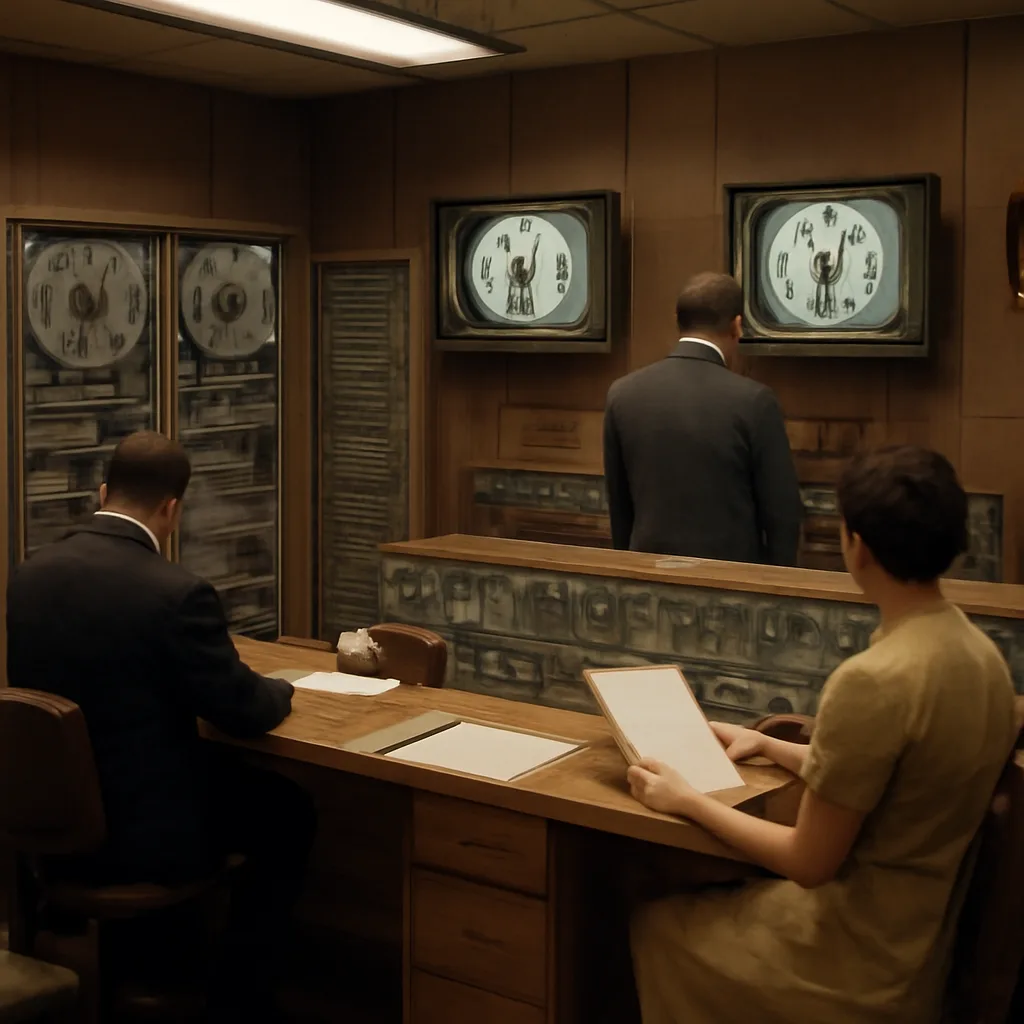 A 1960s radio and television broadcast control room with reel-to-reel tape machines, switchboards, and technicians operating analog equipment during a daytime test.
