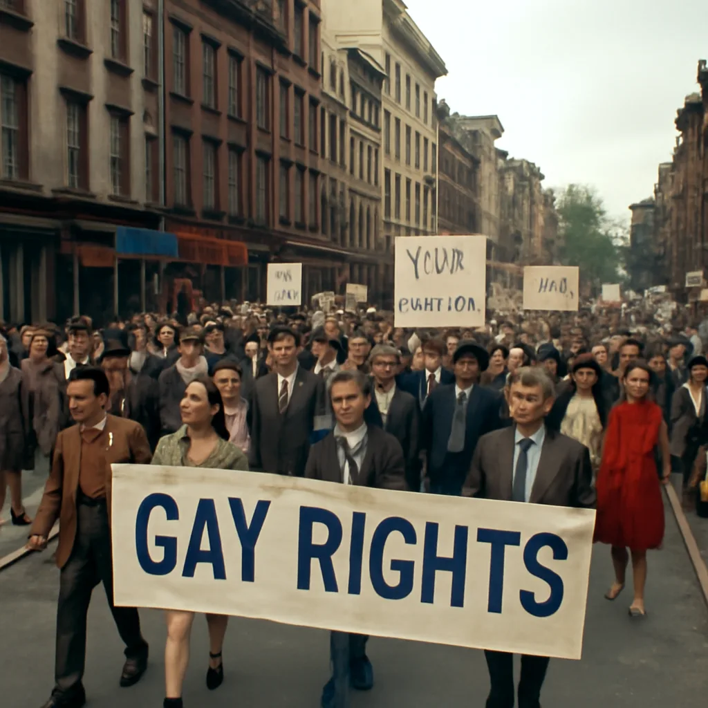Crowd of marchers and onlookers on a city street near Christopher Street in Greenwich Village, New York City, circa June 1970; signs and banners visible, period clothing from late 1960s–1970, buildings and storefronts in background.