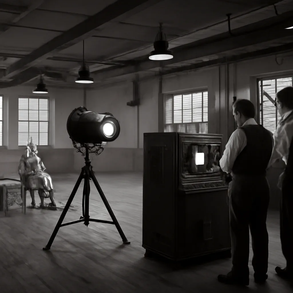 A 1930s-era laboratory demonstration of an active infrared night-vision setup: an infrared searchlight on a tripod aimed at a dimly lit scene with technicians observing a nearby screen showing a converted image.