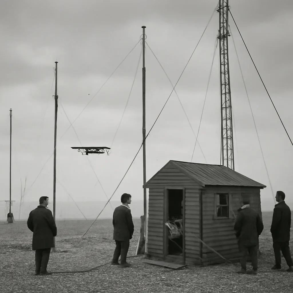 1930s coastal experimental radio installation on shingle spit with antenna structures and a biplane flying overhead; technicians and simple equipment visible, no identifiable faces.